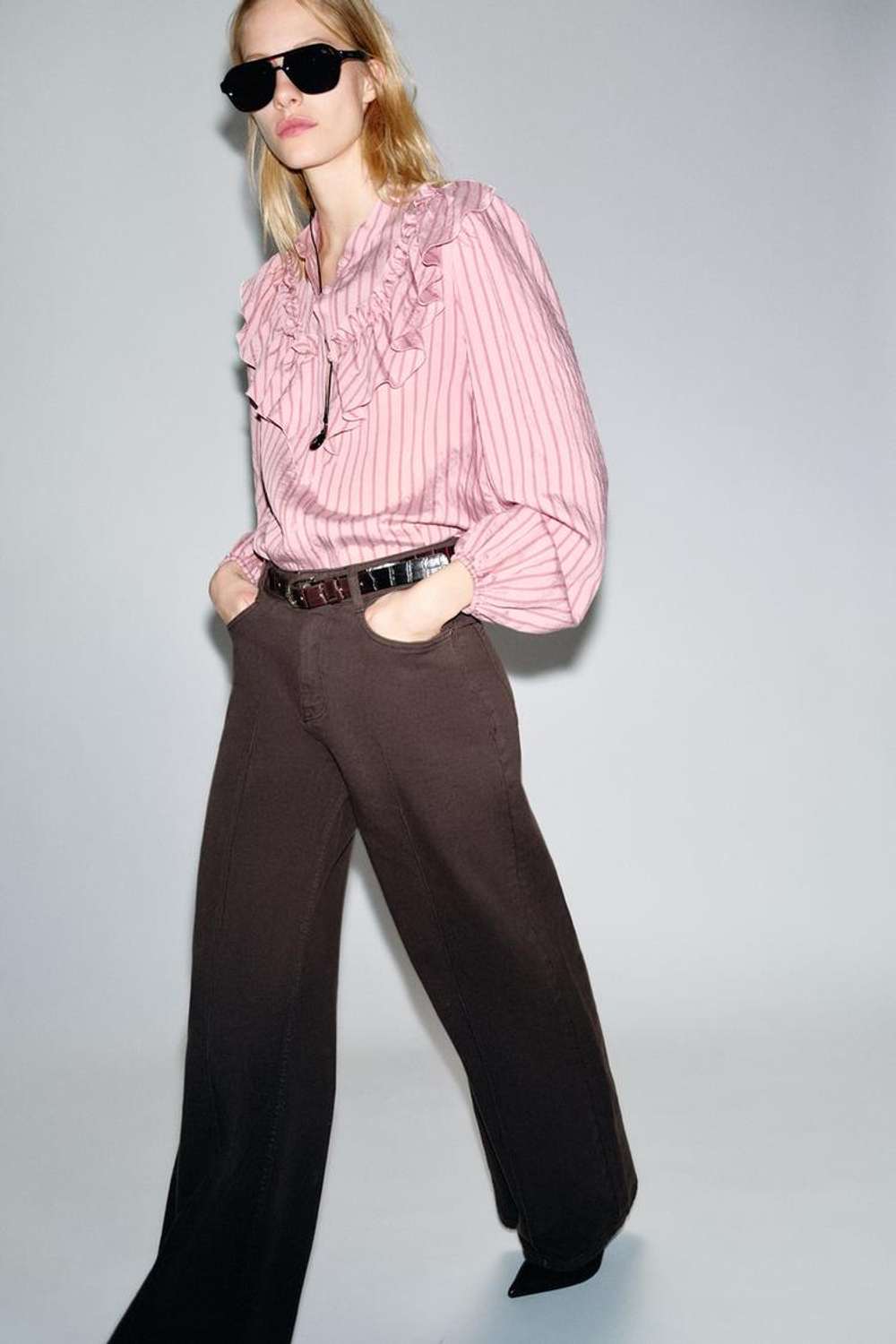 ZARA РУБАШКА В ПОЛОСКУ С ВОЛАНАМИ, РОЗОВЫЙ