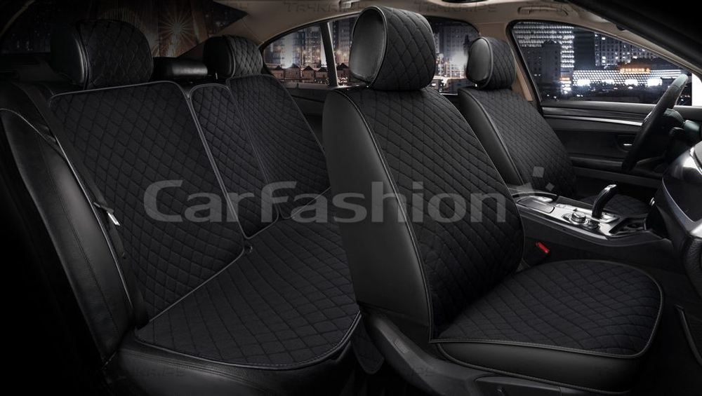 Накидки сидений ПОЛНЫЙ CarFashion (кт) -«WINNER» 22647 -Твид/экокожа черный/черный/шов черный