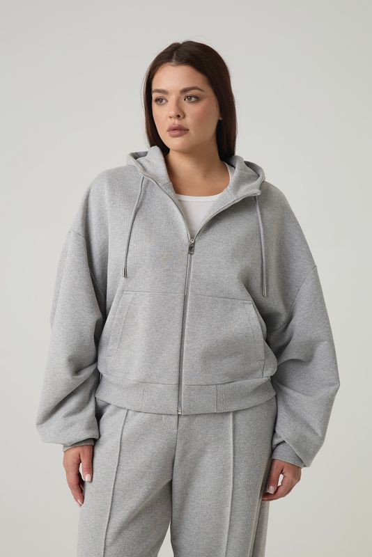Худи на молнии из футера с капюшоном, серый меланж