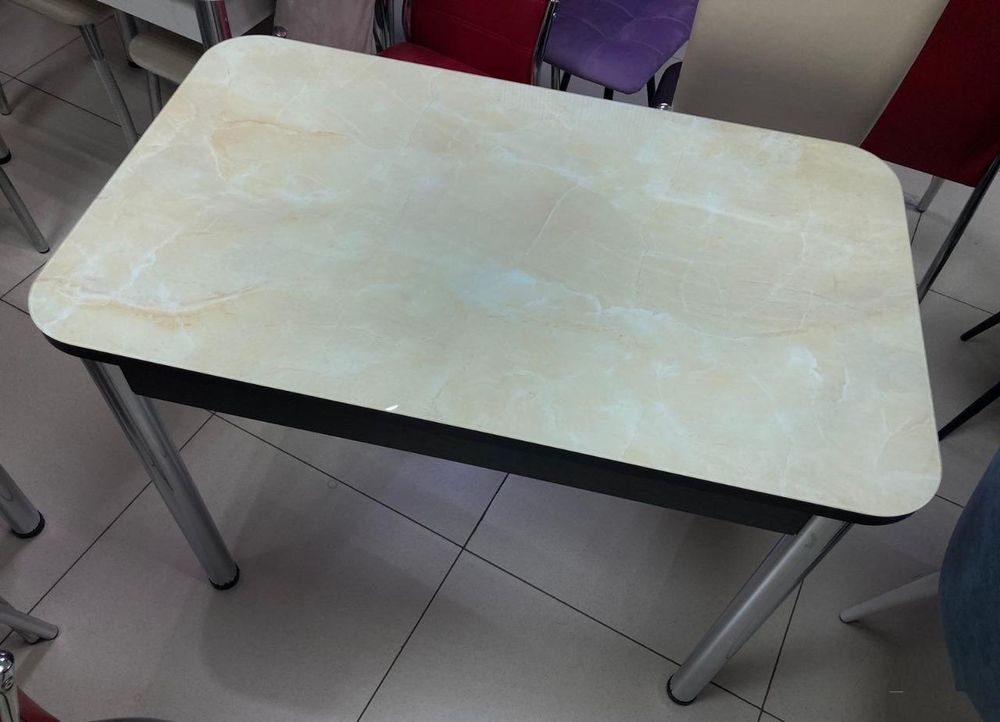 Стол неразд Прямоугольный подстолье прямое хром Царг.пояс венге Ст-ца мрамор беж (венге) ф/п стекло