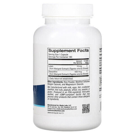 Лютеин, зеаксантин Lake Avenue Nutrition, лютеин, 10 мг, 180 растительных капсул