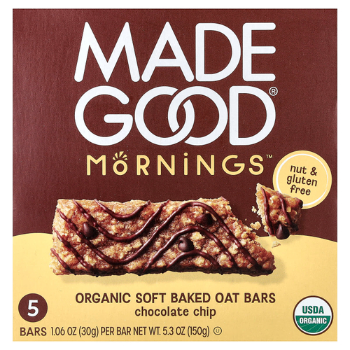 MadeGood, Mornings™, органические запеченные овсяные батончики, с шоколадной крошкой, 5 батончиков по 30 г
