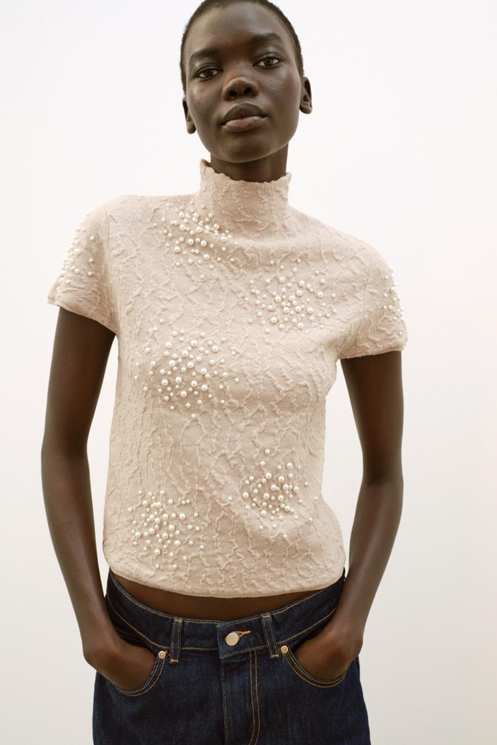 ZARA ТРИКОТАЖНЫЙ ТОП С ЖАТЫМ ЭФФЕКТОМ И БУСИНАМИ, ТЕЛЕСНО-РОЗОВЫЙ