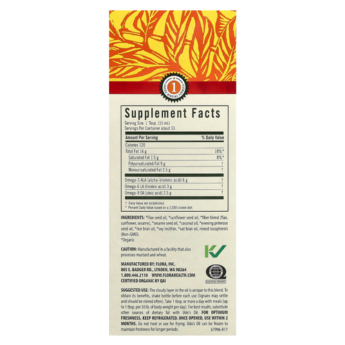 Flora, Udo's Choice, сертифицированная органическая смесь Udo's Oil с высоким содержанием лигнана 3, 6, 9, 500 мл (17 жидк. унций)
