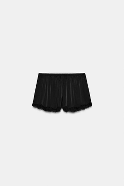 ZARA АТЛАСНЫЕ МИНИ-ШОРТЫ С КРУЖЕВОМ, ЧЕРНЫЙ