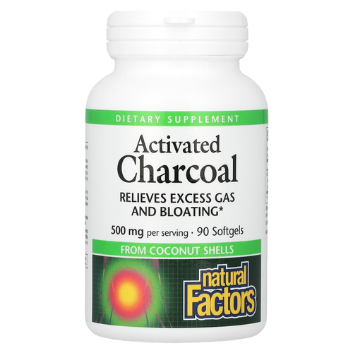Natural Factors, Активированный уголь, 90 мягких таблеток (250 мг в каждой капсуле)