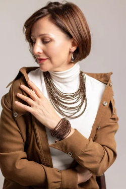 Серьги "Венеция" двухсторонние коричневый-фуксия, фурнитура серебро