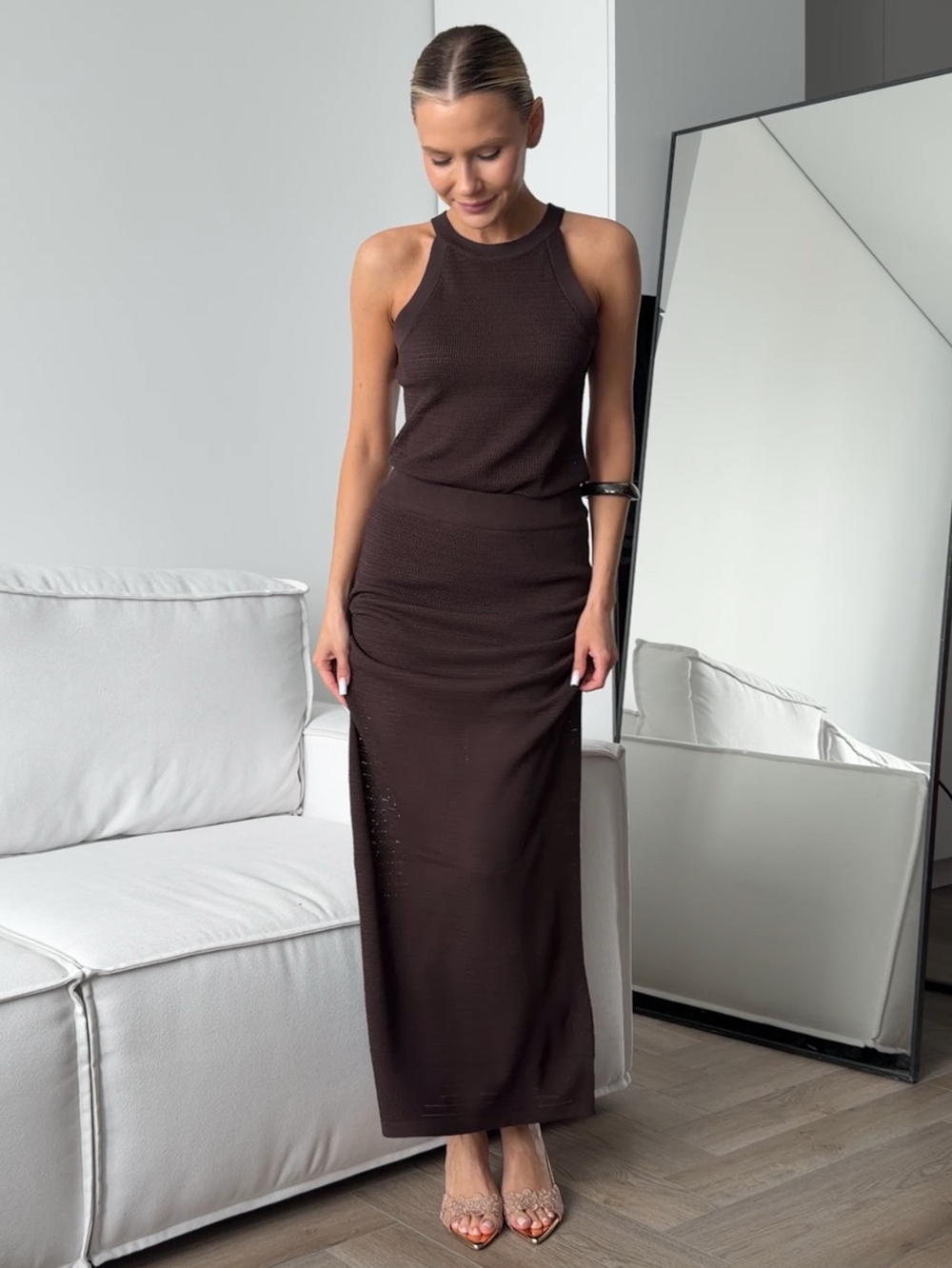 Комплект вязаный, базовый, топ и длинная юбка