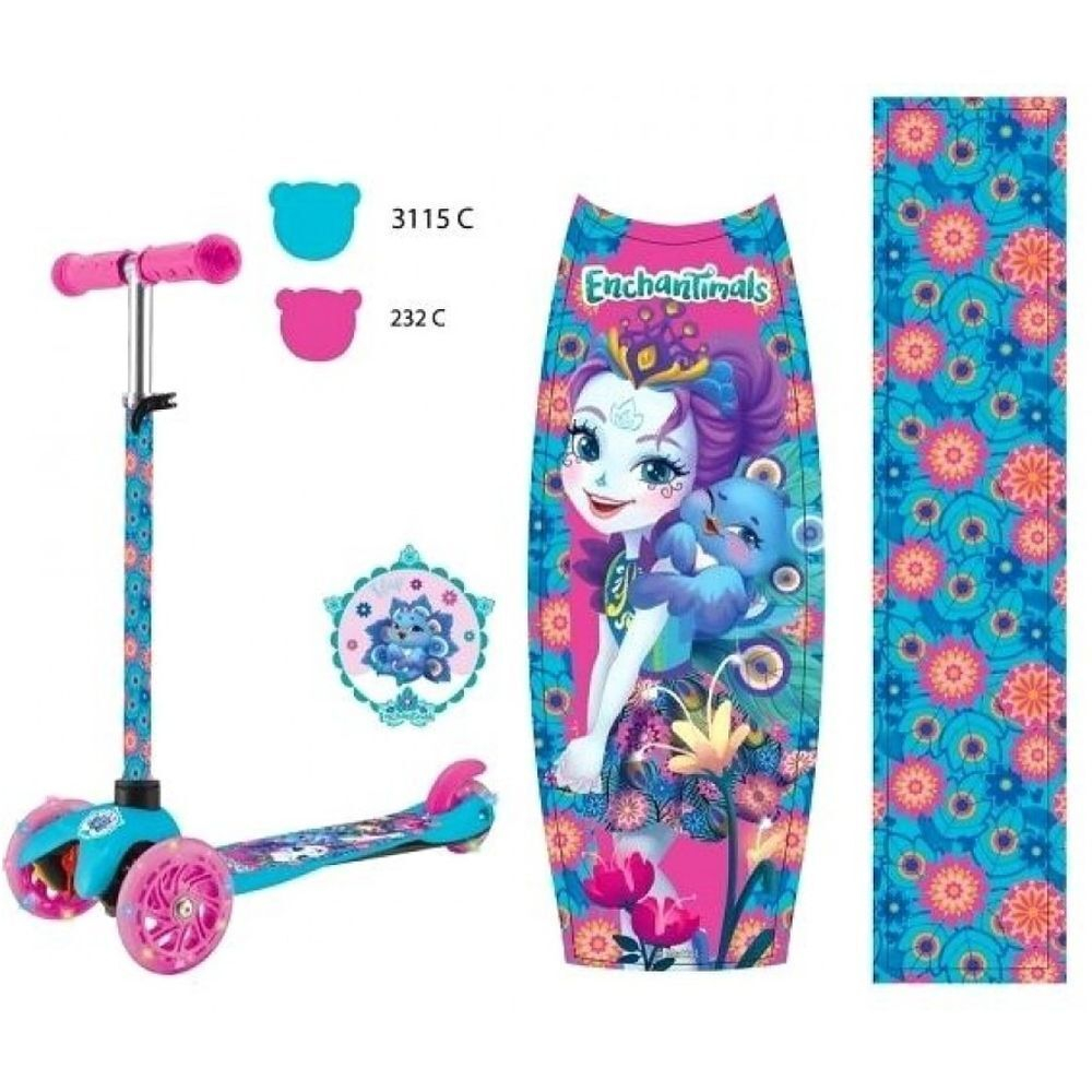 Самокат трехколес, детский, кол 120,80 мм, управл накл,рег рул ,свет, Enchantimals, S00022-ENC