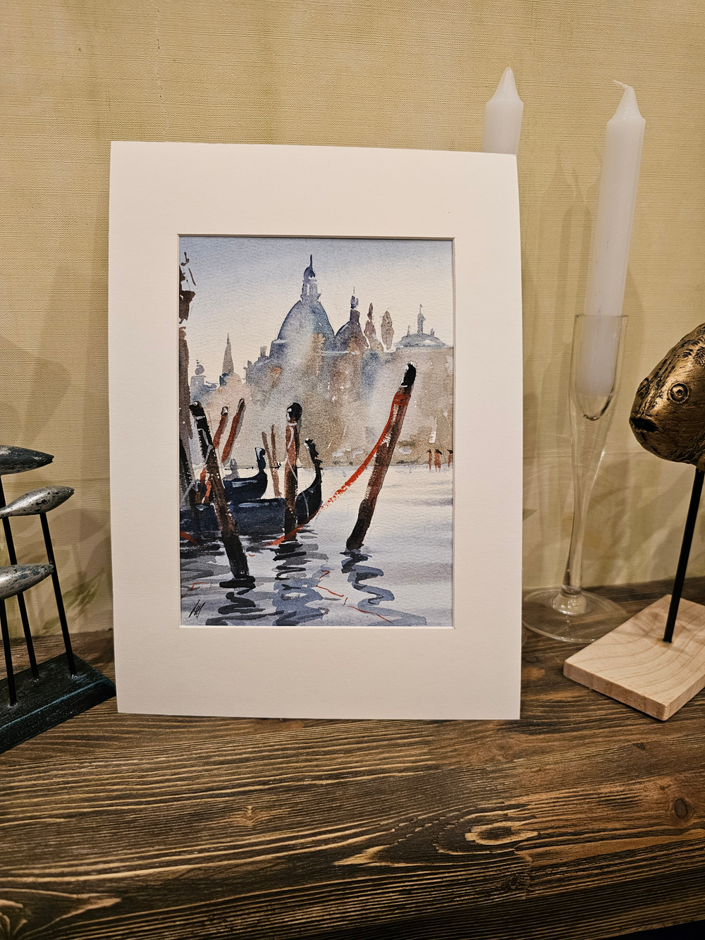 Картина авторская акварельная в паспарту 21х30 см на стену для интерьера "Венецианская романтика"