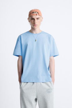 ZARA БАЗОВАЯ ФУТБОЛКА ИЗ ПЛОТНОГО ТРИКОТАЖА, ГОЛУБОЙ