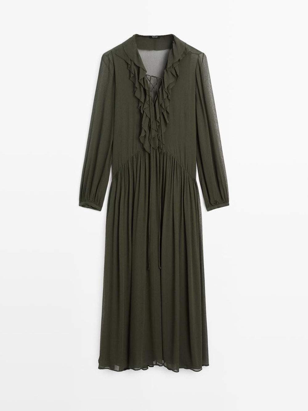 Massimo Dutti Длинное платье из струящейся ткани с воланом, темно-зеленый