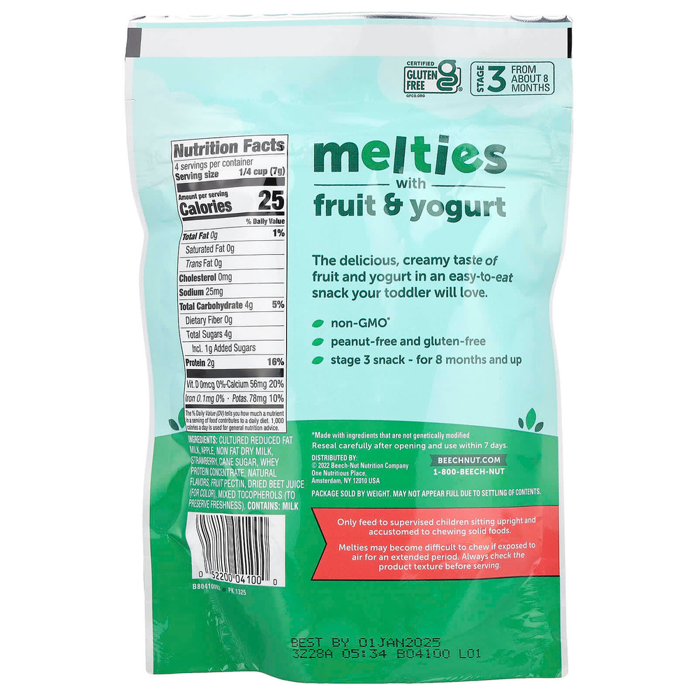Beech-Nut, Melties с фруктами и йогуртом, для детей от 8 месяцев, клубника, яблоко и йогурт, 28 г (1 унция)