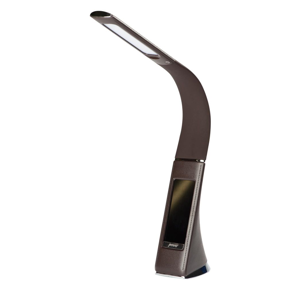 TLD-542 Brown-LED-300Lm-5000K-Dimmer Светильник настольный c часами. календарем. термометром. 5W. Сенсорный выключатель. Коричневый стилизован под кожу. TM Uniel.