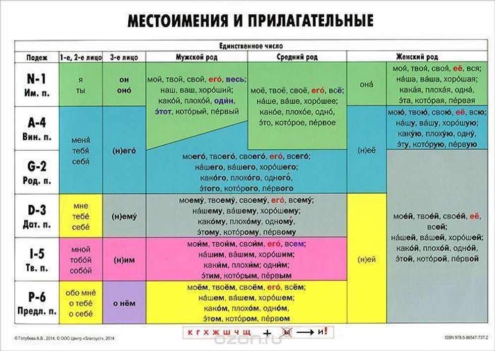 Учебная грамматическая таблица. Местоимения и прилагательные