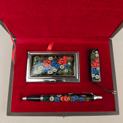 Набор "Полевые цветы" визитница, флешка и ручка Parker с ручной росписью Палех в футляре