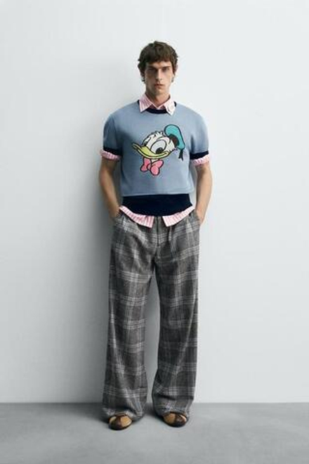 ZARA HARRY LAMBERT X DISNEY БРЮКИ WIDE FIT В КЛЕТКУ, СЕРЫЙ/СИНИЙ