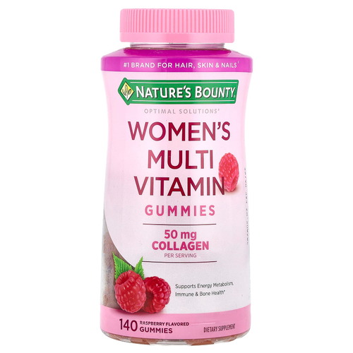 Nature's Bounty, Optimal Solutions®, мультивитаминные жевательные мармеладки для женщин, малина, 140 жевательных таблеток
