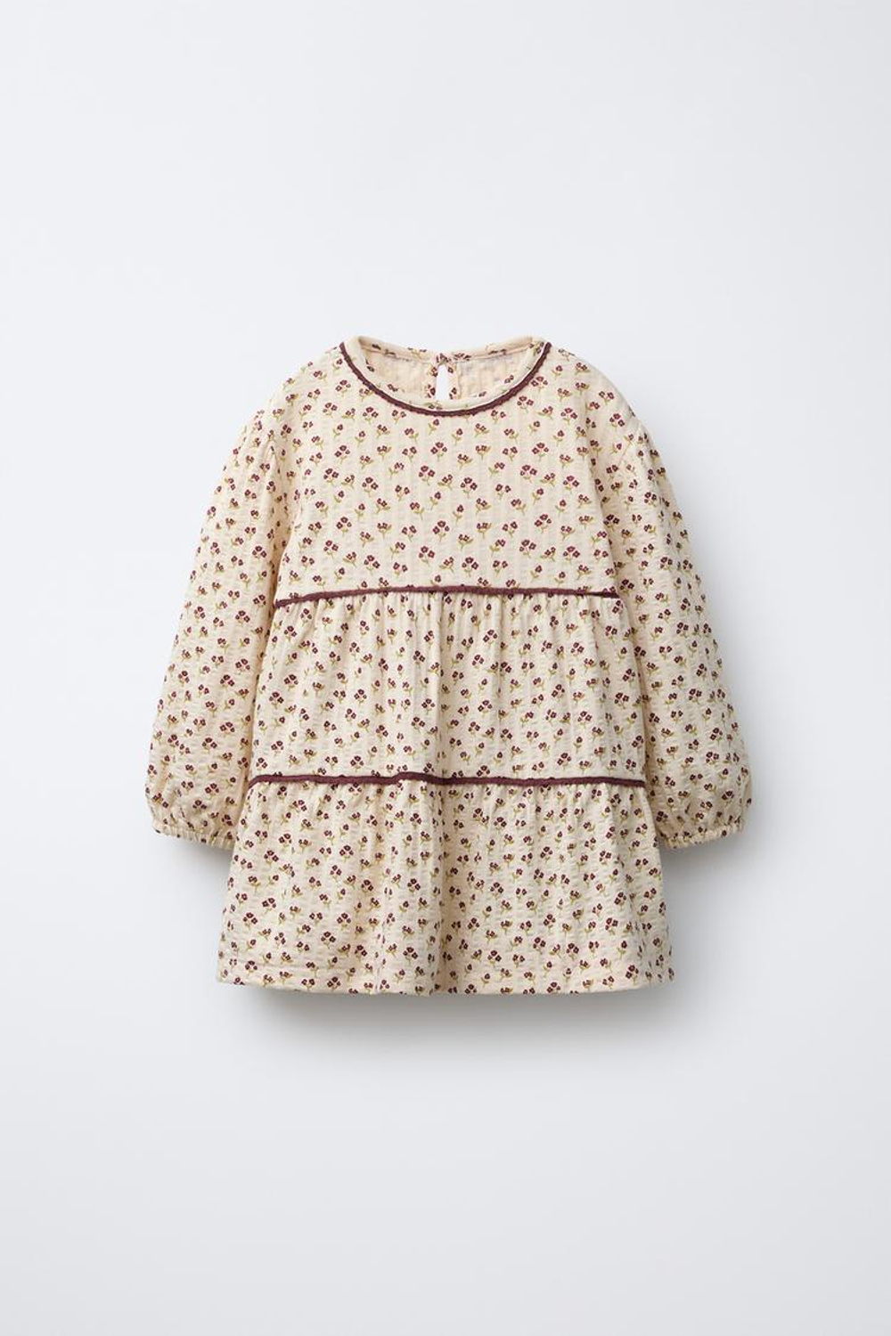 ZARA ПЛАТЬЕ ИЗ РЕЛЬЕФНОЙ ТКАНИ С ЦВЕТОЧНЫМИ ВСТАВКАМИ, ЭКРЮ