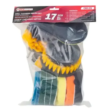 Набор щеток для уборки/химчистки под шуруповерт17пр:кругл.90х75мм,плоск.50(2шт)/100/120х25мм,насадка с лип.100мм,диски7шт,полир.подушки3шт,удлин.150мм FORCEKRAFT FK-CBK-05