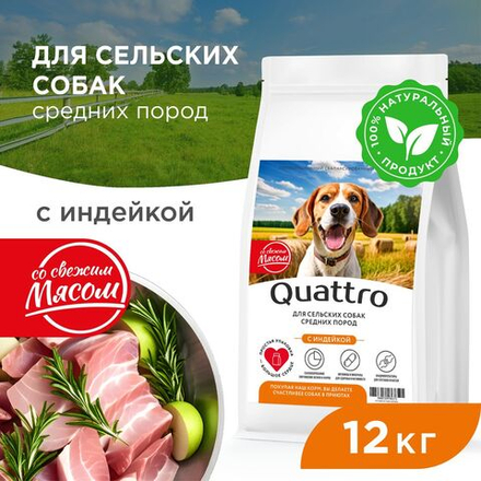 Корм сухой для взрослых собак средних пород, премиум полнорационный комплекс, для живущих в сельской местности, с индейкой, 12 кг, QUATTRO