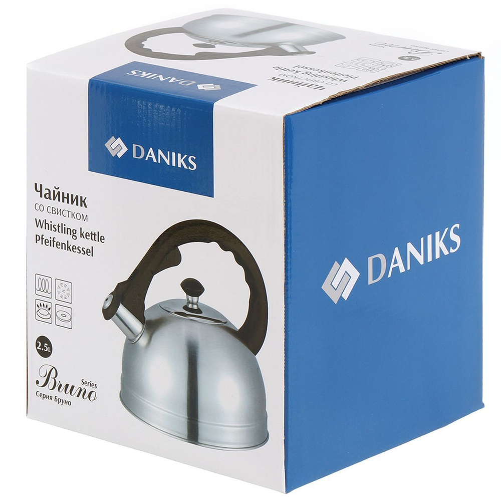 Чайник нерж, 2.5 л, свист, ручк бакелит, с силик покр, Daniks, Бруно, индукц, MSY-066C