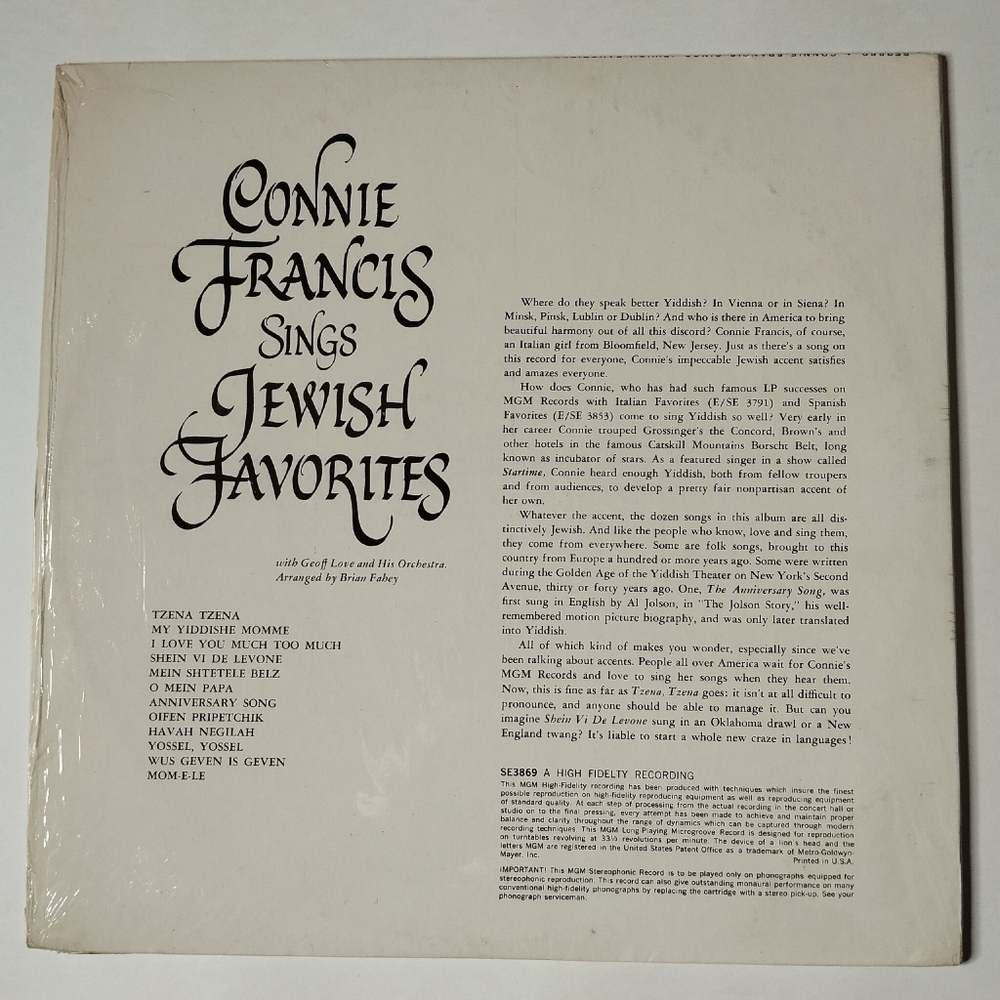 Винтажная виниловая пластинка LP Connie Francis With Geoff Love And His Orchestra Sings Jewish Favorites (USA 1960)