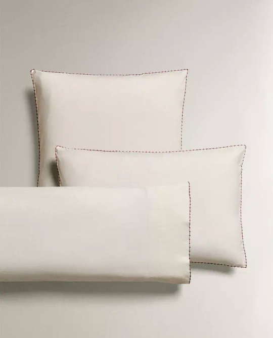 ZARA HOME ДЕТСКАЯ ОДНОТОННАЯ НАВОЛОЧКА С ВЫШИВКОЙ, БЕЛЫЙ/КОРИЧНЕВЫЙ