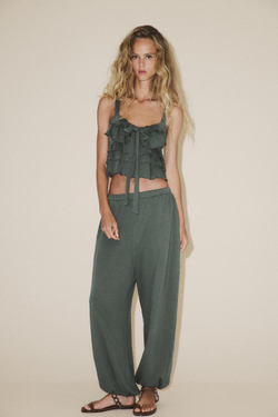 ZARA ТОП С ВОЛАНАМИ И БАНТОМ, ЗЕЛЕНЫЙ