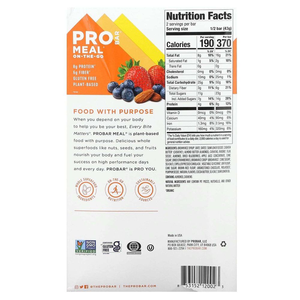 ProBar, Meal On the Go Bar, батончик со вкусом цельной ягоды, 12 батончиков по 85 г (3 унции)