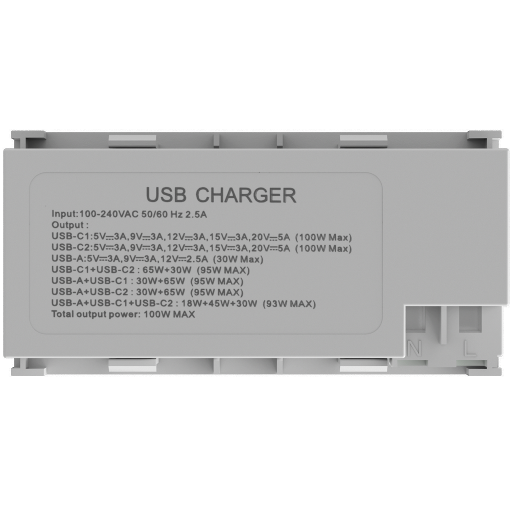 USB зарядное устройство, 100W, Type A + C + C, 4 мод., бел. (90х45мм)