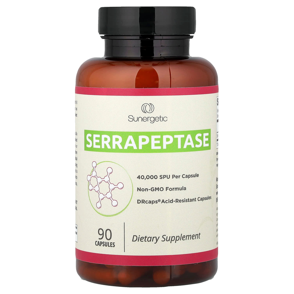 Sunergetic, серрапептаза, 90 капсул (18 мг в 1 капсуле)