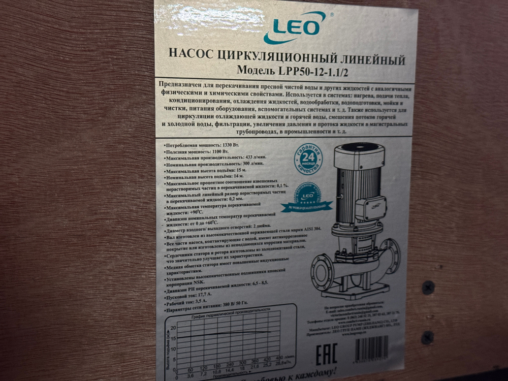 Насос "LEO" модель LPP50-12-1.1/2 (IE2 motor) 16Bar, 380 В