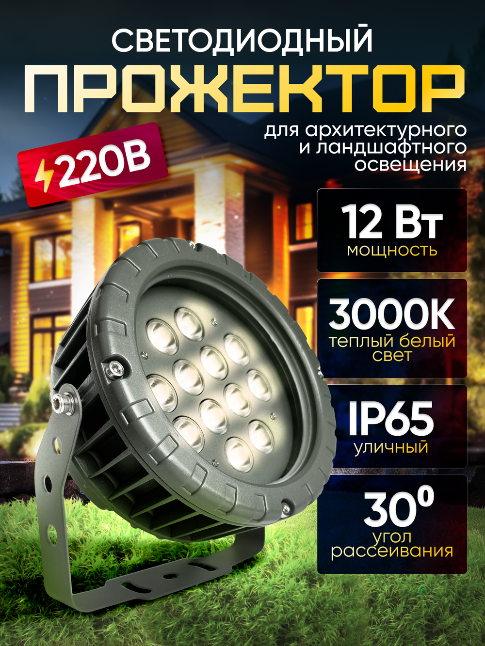 Прожектор для архитектурного и ландшафтного освещения 220V 12W 3000К теплый белый, угол 30 градусов