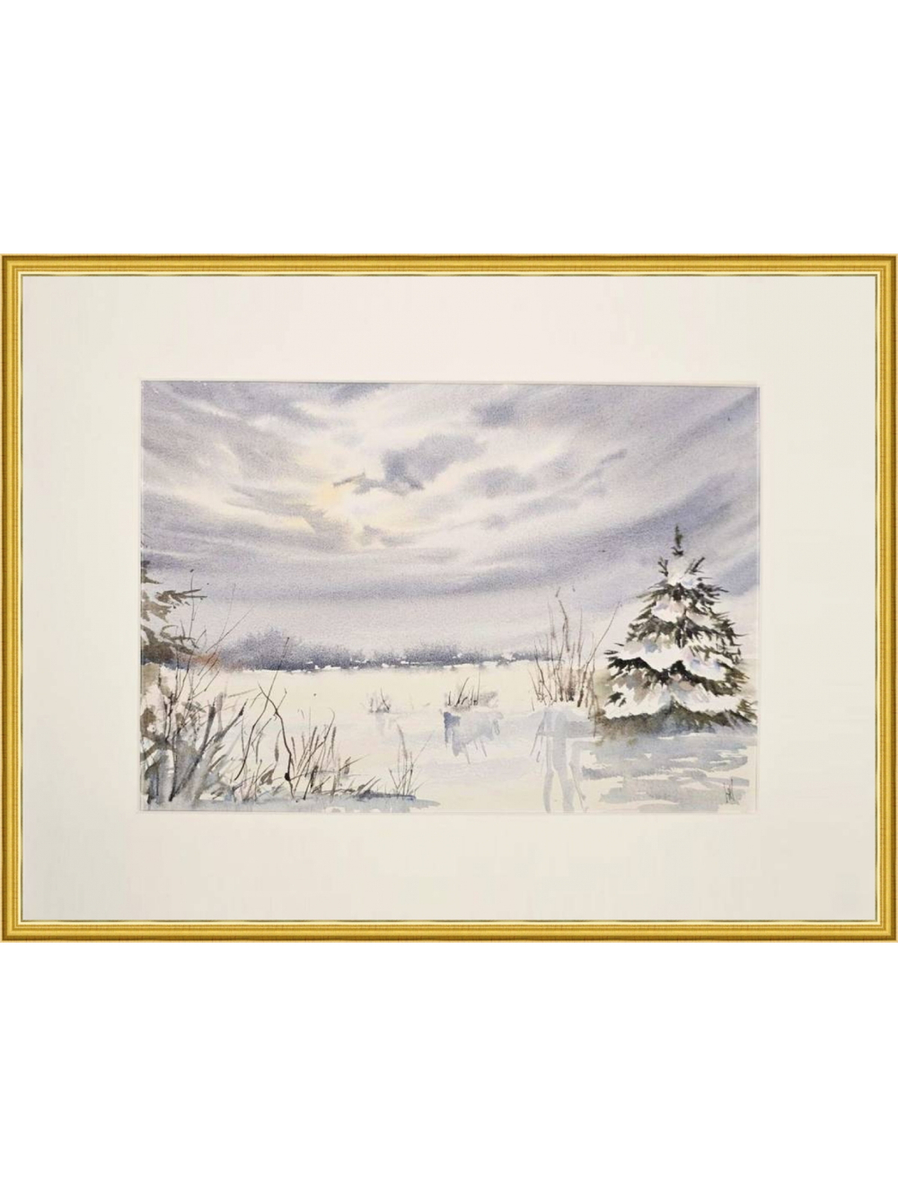 Картина авторская акварельная в паспарту 30х40 см на стену для интерьера "Поздний рассвет. Зима"
