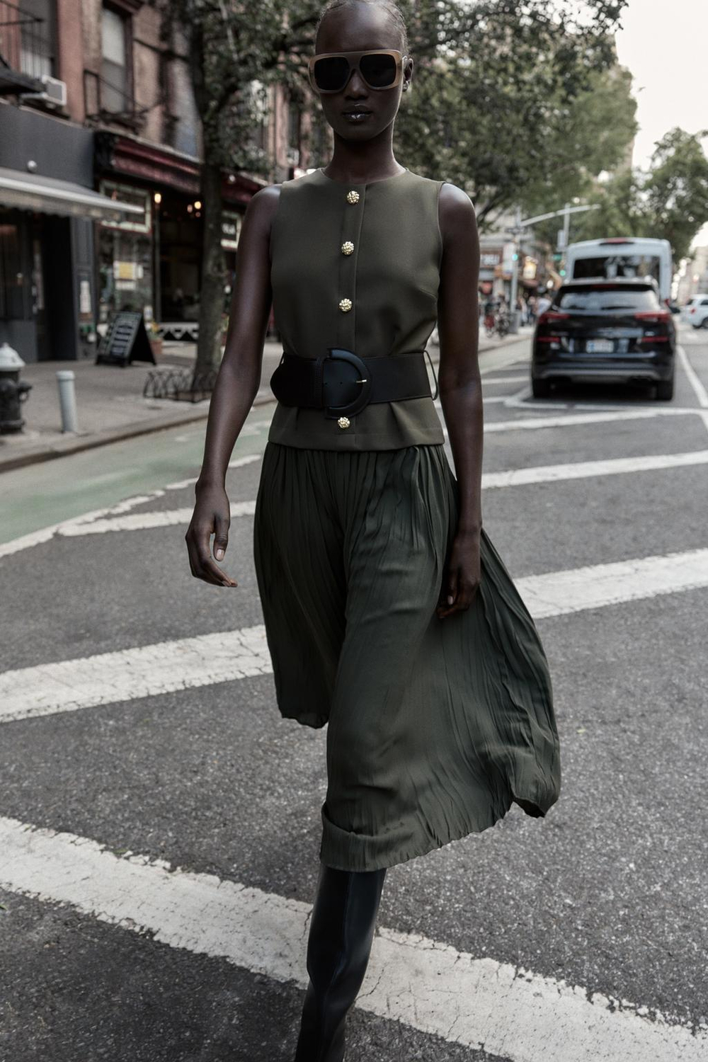 ZARA КОМБИНИРОВАННОЕ ПЛАТЬЕ-МИДИ С ПОЯСОМ, ХАКИ