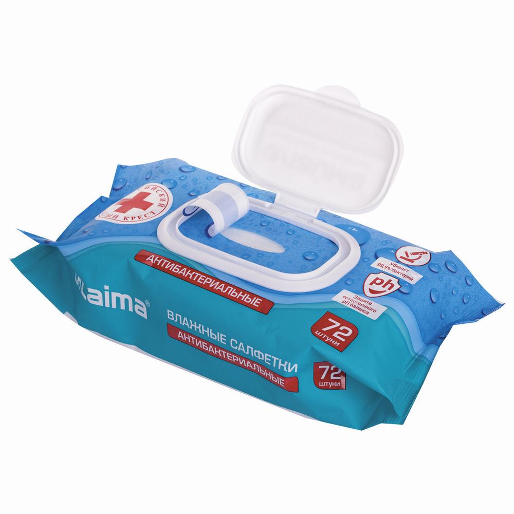 Салфетки влажные 72 шт. АНТИБАКТЕРИАЛЬНЫЕ с пластиковым клапаном LAIMA "Antibacterial" (8 штук в упаковке)