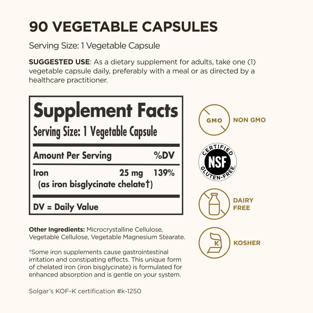 Solgar, Gentle Iron®, добавка с железом, 25 мг, 90 растительных капсул