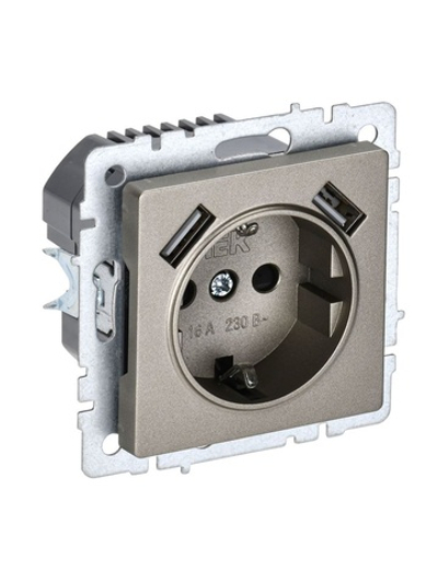 Розетка BRITE РЮш10-1-БрШ 16А с USB A+A 2.1А с заземл. защ. шторки механизм шампань IEK BR-R14-16-U21-D21-K37
