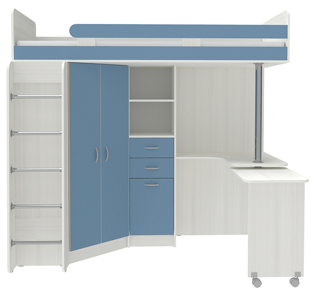 Кровать-чердак КарИВи Юниор 3 с металлической лестницей Белое Дерево Светло-синий, голубой