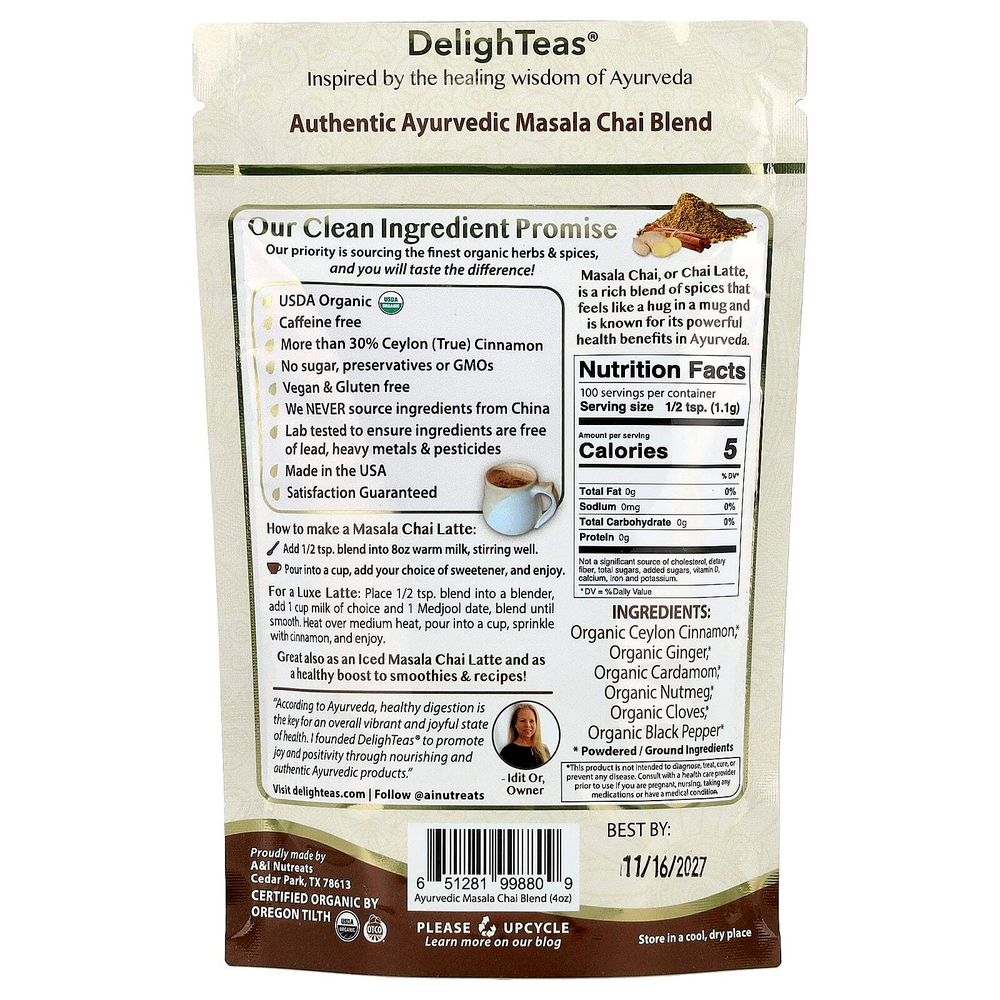 DelighTeas, Аюрведическая смесь чая масала, без кофеина, 113 г (4 унции)