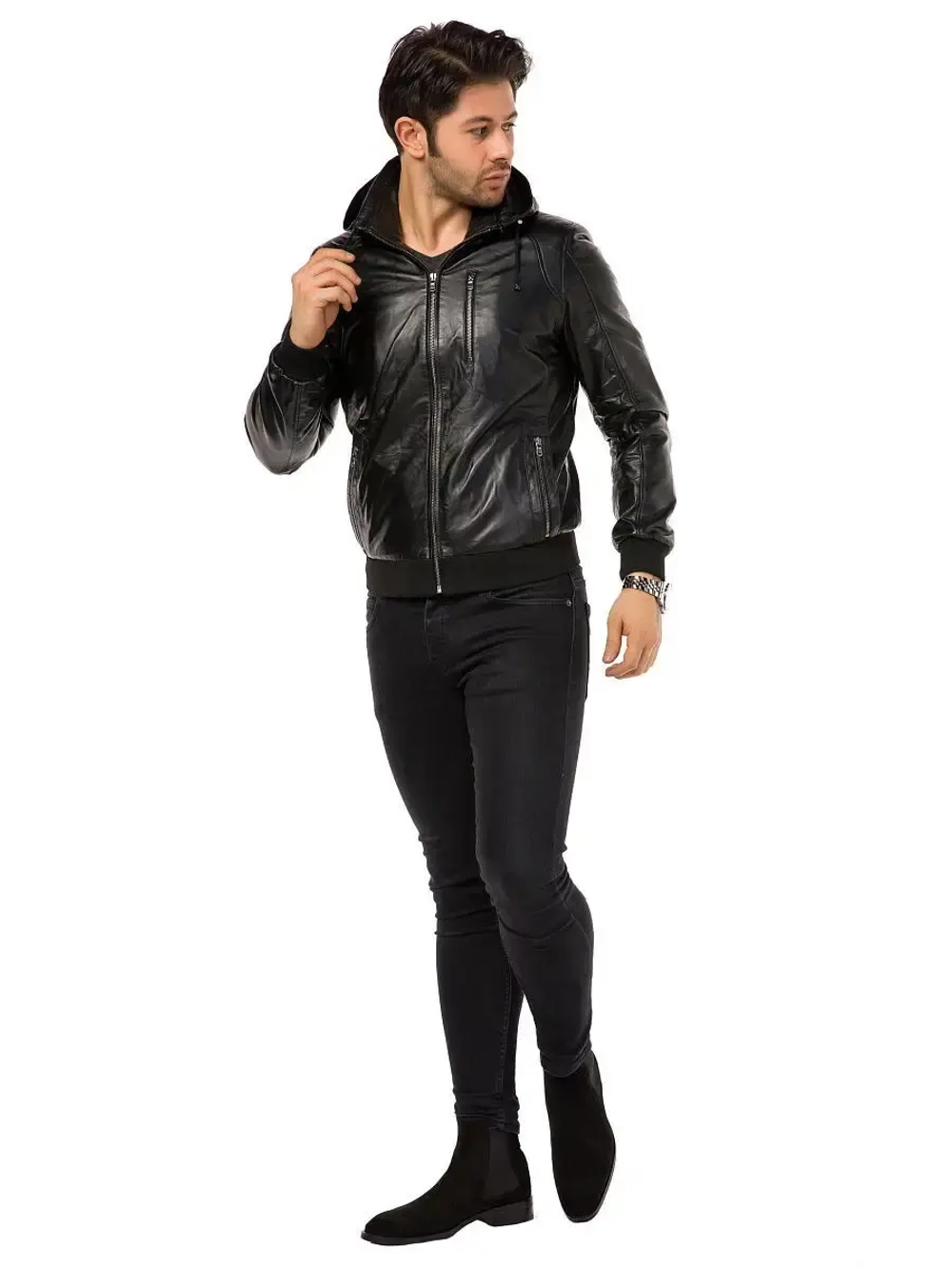 Куртка мужская натуральная кожаная с капюшоном бомбер Турция