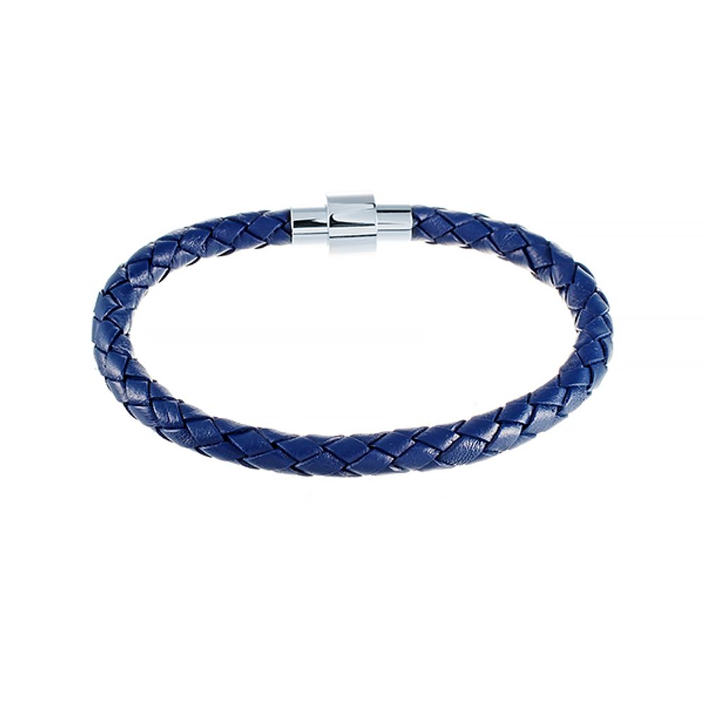 Стильный модный плетёный синий кожаный браслет с магнитной застёжкой JV 232-0122 в подарочной упаковке