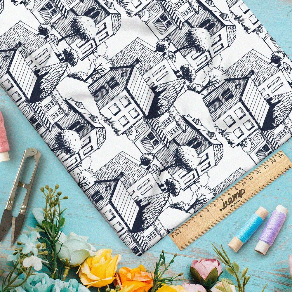 Ткань барби карандашные дома на белом фоне