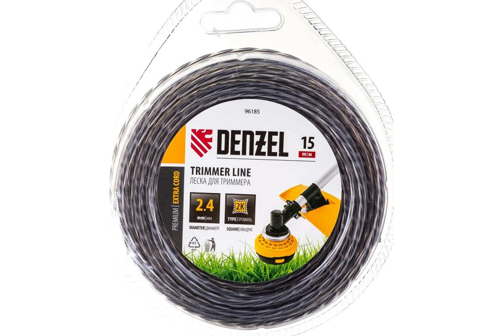Леска двухкомпонентная для триммера квадратная витая 2,4мм х 15м, EXTRA CORD// Denzel