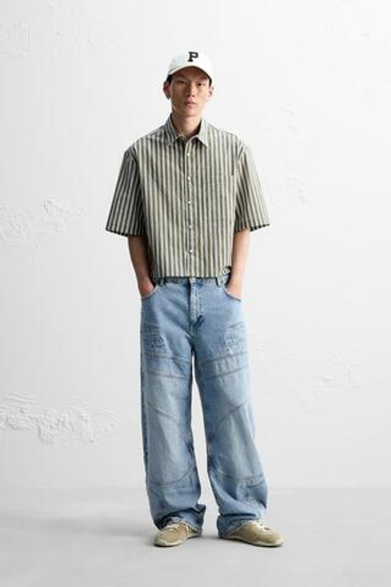 ZARA РУБАШКА ГЕОМЕТРИЧЕСКОГО КРОЯ В ПОЛОСКУ, ХАКИ