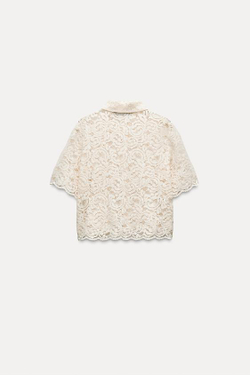 ZARA КРУЖЕВНОЙ ТОП С ПЕРЛАМУТРОВЫМИ ПУГОВИЦАМИ, ЭКРЮ
