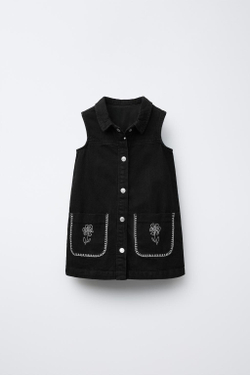 ZARA ДЖИНСОВОЕ ПЛАТЬЕ С ЦВЕТОЧНОЙ ВЫШИВКОЙ, ЧЕРНЫЙ