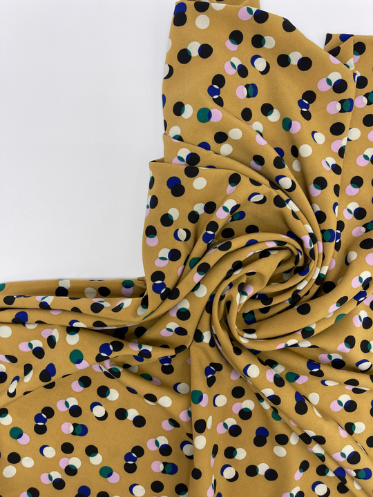 Шифон спандекс принт, горох разноцветный на беж Пикассо