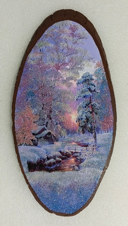 Панно на срезе дерева " Зимний вечер" 55-28см